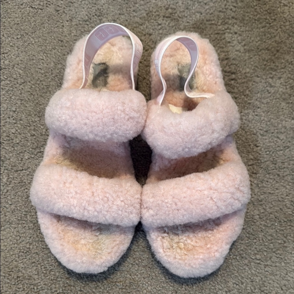 UGG Pink Plush Slippers with Double Strap Design